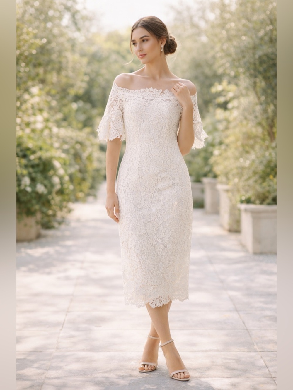 Off-the-Shoulder Lace Midi Dress in Ivory